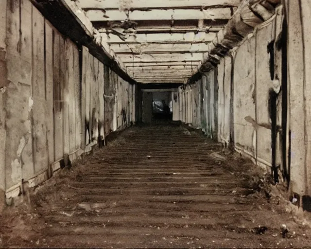 Image similar to dark abandoned hallway at night with skeletal bear, letterboxing, widescreen, 40mm tape, technicolour film, grainy, horror