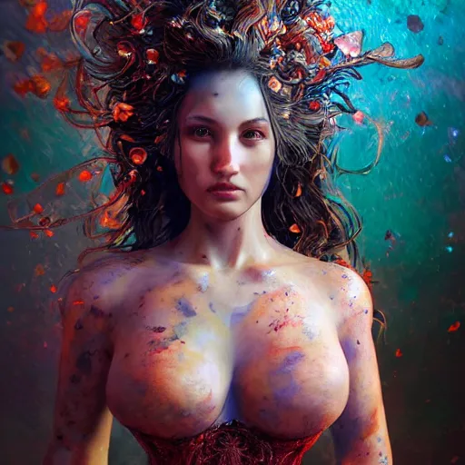 Image similar to full body pose, hyperrealistic mixed media painting of a beautiful seductive woman, dim volumetric lighting, 8 k, octane beautifully detailed render, extremely hyper detailed, intricate, epic composition, cinematic lighting, masterpiece, trending on artstation, very very detailed, masterpiece, stunning, hdr, smooth, sharp focus, high resolution, award, winning photo, dslr, 5 0 mm