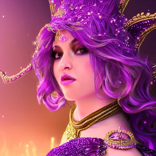 Image similar to portrait princess of amethyst, glowing, ornate and intricate purple jewelry, jaw dropping beauty, glowing background lighting, purple accent lighting, hyper detailed, fairy tale, 4 k octane render