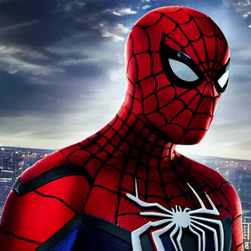 Prompt: promotional photo from new mcu spiderman movie featuring a black symbiote spiderman suit worn by tom holland