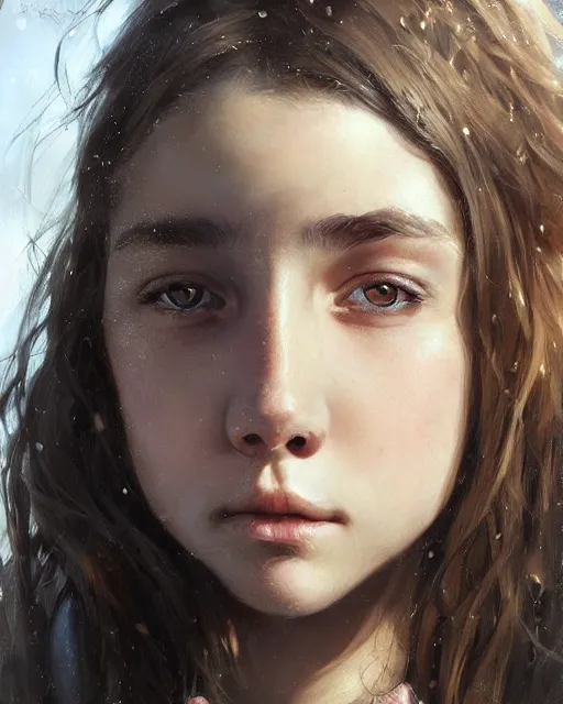 Prompt: portrait of 1 5 - year - old girl with thick brown hair, large front teeth, and bright piercing brown eyes, hyper realistic face, beautiful eyes, fantasy art, in the style of greg rutkowski, intricate, hyper detailed, smooth