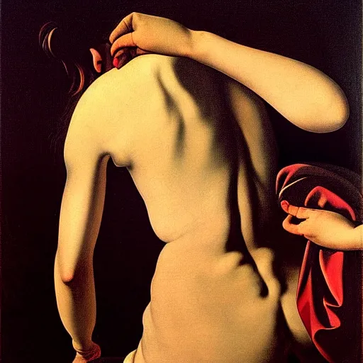 Image similar to woman on her periods by caravaggio