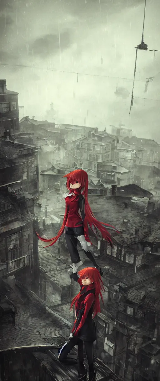 Image similar to asuka langley on a roof in a dishonored town, dunwall city, advanced digital art, dishonored aesthetic, cinematic lighting, rainy weather, melancholy atmosphere, artstation, dunwall city, gothic architecture, volumetric light, octane render, dishonored game, dishonored 1, atmosphere or depression and despair, cute anime face