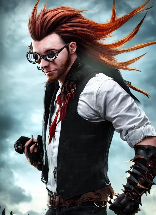 Image similar to An epic fantasy comic book style portrait painting of young man with red spiked long hair, using googles. Wearing a black waistcoat, white shirt. Unreal 5, DAZ, hyperrealistic, octane render, cosplay, RPG portrait, dynamic lighting