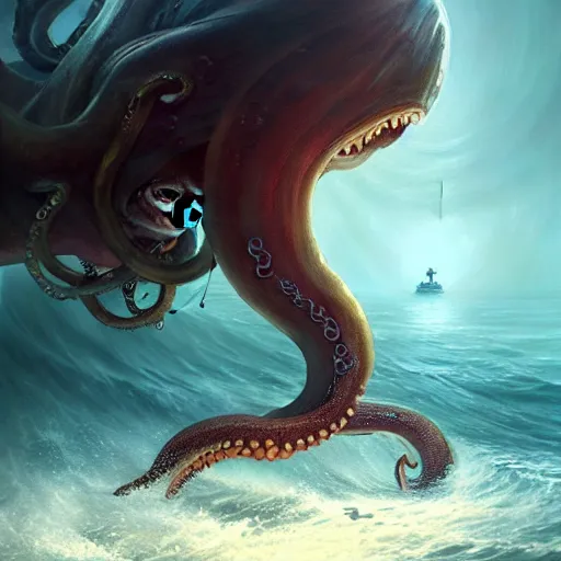 Image similar to a dream fantasy painting of a a man fighting a giant octopus in the deep of the ocean, by beksinki, giger, greg rutkowski, carne griffith trending on artstation, deviantart, photorealism