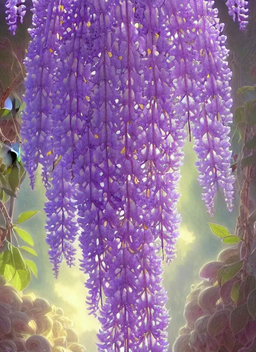 Image similar to perfectly detailed wisteria flowers!! blessed by nature with ever - increasing physical mental perfection, symmetrical! intricate, sensual features, highly detailed, biblical divine holy perfection!! digital painting, artstation, concept art, smooth, sharp focus, illustration, art by artgerm and greg rutkowski and alphonse mucha