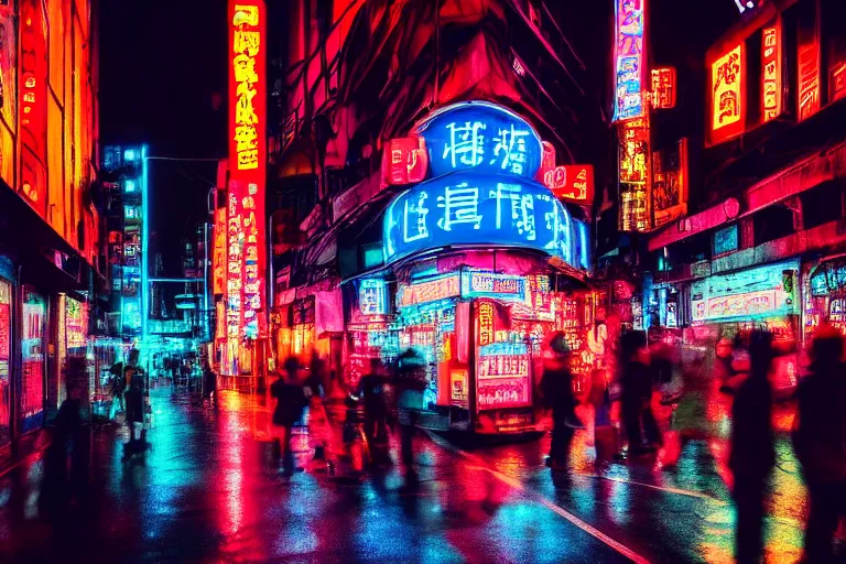 Prompt: a city street filled with lots of neon signs, cyberpunk art by liam wong, pinterest, shin hanga, anime aesthetic, streetscape, photo taken with ektachrome