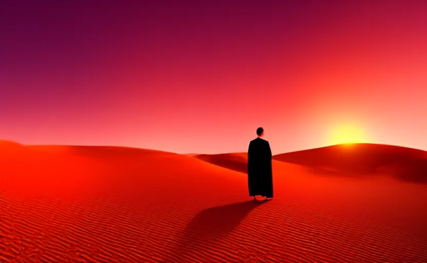 Image similar to a man on a sand dune, silhouetted against the horizon, desert landscape, simple robe blowing in the wind, sun setting, orange and red sky, detailed, futuristic, volumetric light, intricate, detailed, photorealistic imagery, artstation