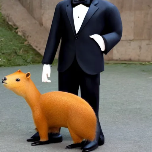 Image similar to an anthro capybara wearing a tuxedo suit, photorealistic, 4K, award-winning