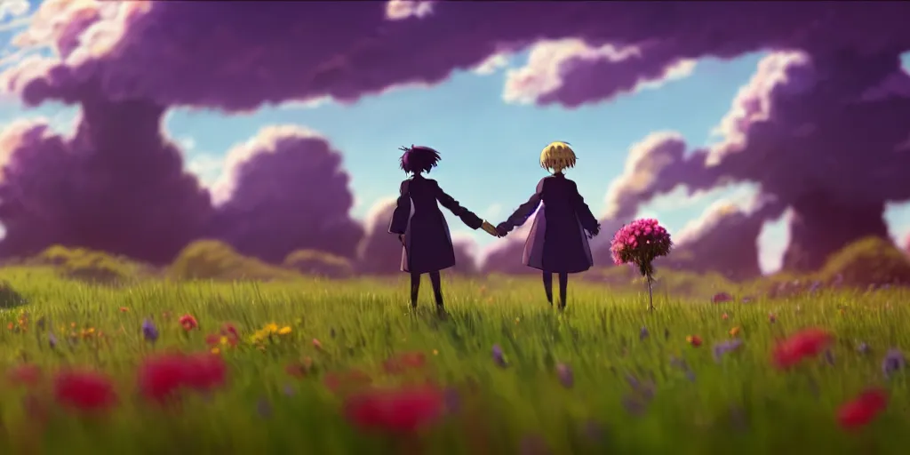 Prompt: a wholesome animation key shot of two lovers holding hands at a beautiful grass field with flowers, howl's moving castle inspired by studio ghibli, animation, sharp, rendered in unreal engine 5, focused, anime key art by greg rutkowski, bloom, dramatic lighting