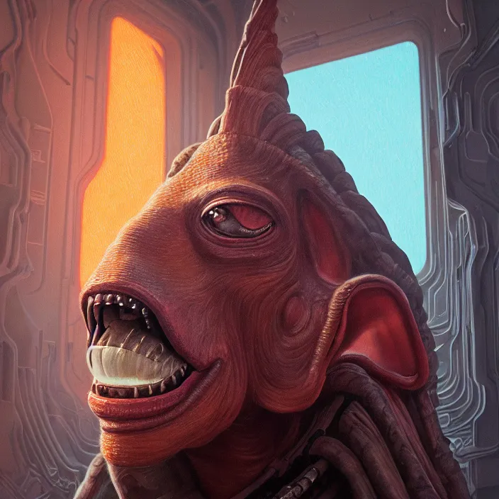 Prompt: portrait of jar jar binks. intricate abstract. intricate artwork. phantom menace. by tooth wu, wlop, beeple, dan mumford. octane render, trending on artstation, greg rutkowski very coherent symmetrical artwork. cinematic, hyper realism, high detail, octane render, 8 k, iridescent accents