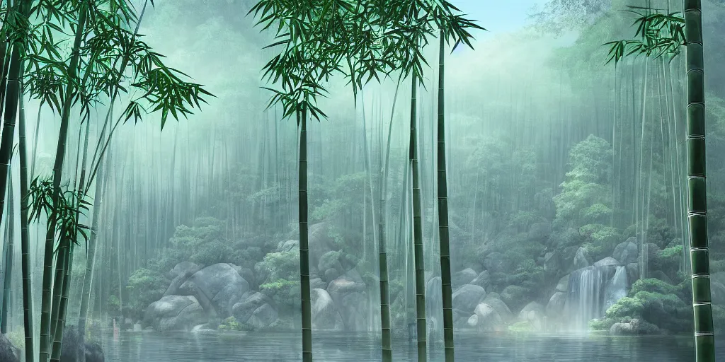 Image similar to misty japanese bamboo forest, cell shaded, lake, waterfall!!!!!, large rocky mountain, rule of thirds, sunny, cartoony, drawing, stylized anime, sun rays, soft, by hayao miyazaki, ghibli studio, makoto shinkai, toei animation, studio trigger, trending on artstation, 4 k, hd