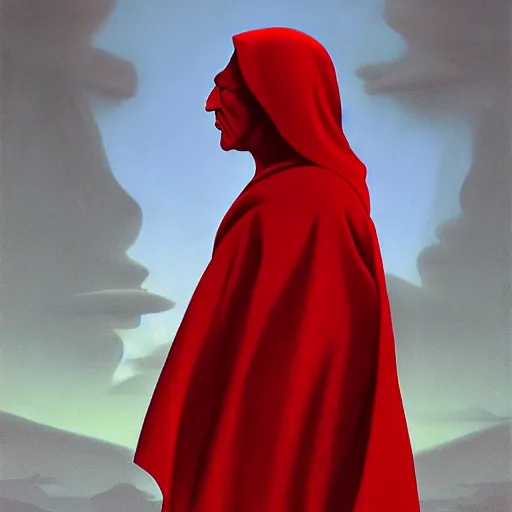 Image similar to the red hooded monk, side profile, trending on artstation, 8 k, by gerard brom and zdzisław beksinski