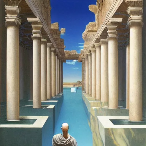 Image similar to David Ligare masterpiece, hyperrealistic surrealism, award winning masterpiece with incredible details, beautiful lighting, pool caustics, illuminated orbs, epic stunning, infinity pool, a surreal vaporwave liminal space, highly detailed, trending on ArtStation, broken giant marble head statue ruins, calming, meditative, geometric liminal space, palm trees, very vaporwave, very very surreal, sharp details