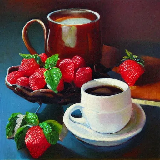 Prompt: berries and coffee cozy breakfast, oil painting