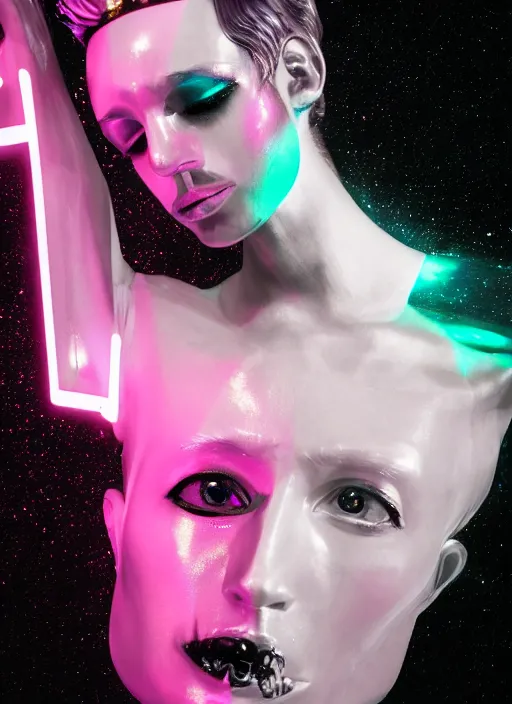 Prompt: photo of baroque and bladerunner delicate neon sapphire sculpture of seductive onyx albino king adrien sahores geometric pink iridescent humanoid deity wearing black fluffy hoody holding diamond skull in a black metallic dungeon, reclining, glowing rainbow face, crown of white diamonds, cinematic lighting, photorealistic, octane render 8 k depth of field 3 d