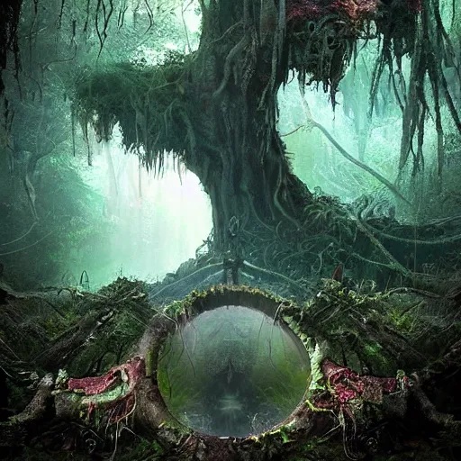 Image similar to horrific portal to the underworld embedded in a creepy tree in a densely overgrown, magical jungle, fantasy, dreamlike sunraise, ultra realistic, atmospheric, stopped in time, epic