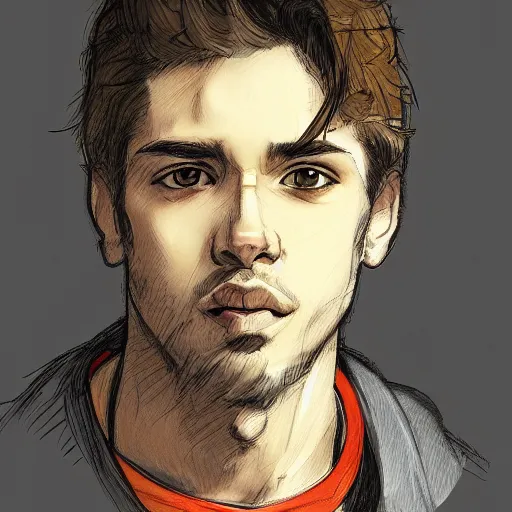 Image similar to self portrait, young white hispanic handsome man with short light brown hair and light skin holding a pug for a picture, pencil art, added detail, high definiton, colored, backfacing, by yoji shinkawa