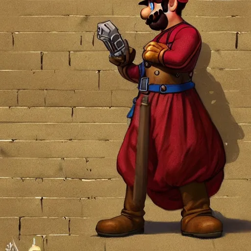 Prompt: man super mario is an rpg character, hiding behind a brick wall, dark mood, highly detailed, digital painting, artstation, illustration, art by artgerm and greg rutkowski and alphonse mucha