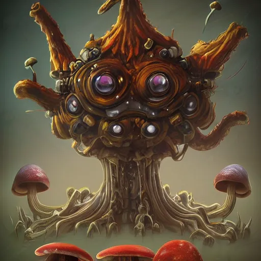 Prompt: beautiful painting of mushroom monster from maplestory in the style of Welder Wings and H. R. Giger. Dark background, detailed, trending on Artstation