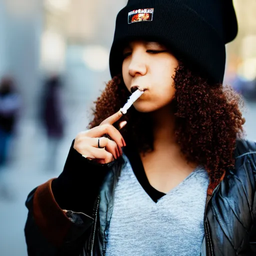 Prompt: portrait of a mixed woman smoking a cigarette, black beanie, black bomber jacket, urban environment, depth of field