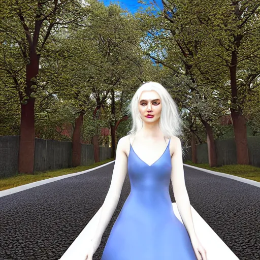 Prompt: “hyperrealistic ultra detailed unreal engine 5 RTX raytracing nvidia hairworks render of portrait of the most beautiful girl with blue eyes and white hair. She is in heavens garden. She has amazing silver jevelery. Nose piercing. Black shiny Latex designer dress . Ultra realistic face Rainbow. Grymes inspires. Wonderful landscape on the background. Photo. Photorealistic ”