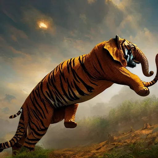 Prompt: tiger elephant leaping through the sky, winged, epic composition, hyper detailed, digital art, trending in artstation, cinematic lighting, studio quality, unreal engine 5 rendered, art style by klimt and nixeu and ian sprigger and wlop and krenz cushart