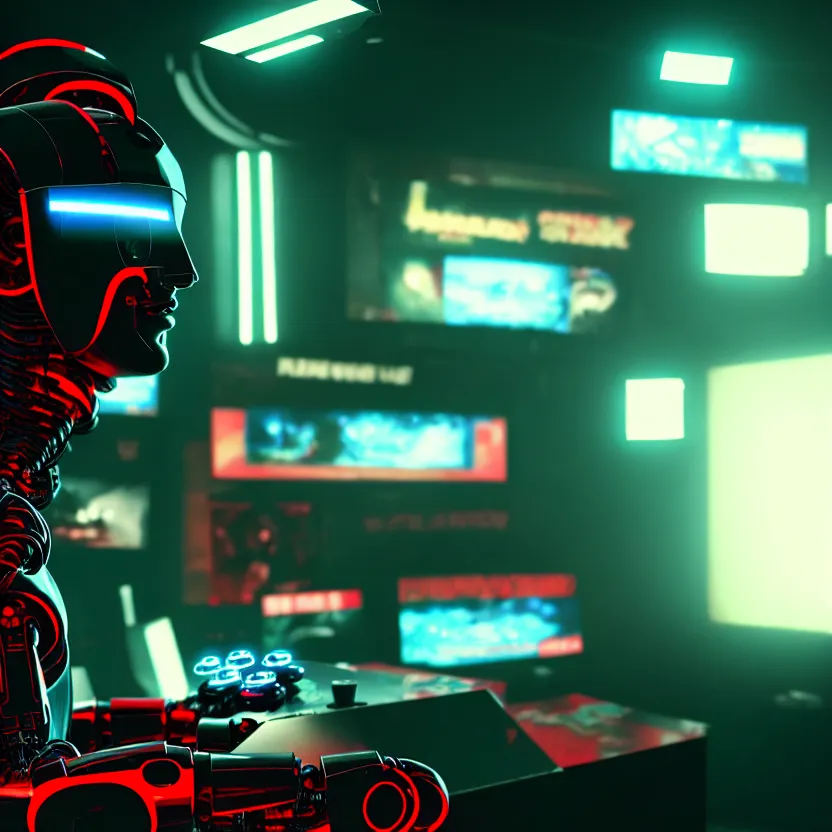 Image similar to a film shot of a robot playing video games, cool, red, photo, realistic, hd, intricate details, cyberpunk, dark, horror, award - winning cinematic lighting, 3 5 mm