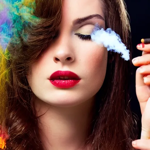 Prompt: a beautiful white skinned brunette smoking a cigarette. Billowing multicolored smoke. Medium format close-up publicity shot.