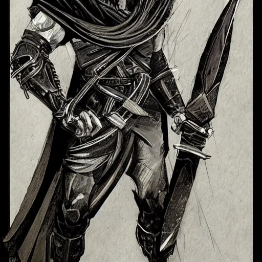 Prompt: concept art character, very high angle view, very attractive man with beard, highly detailed full body, strong masculine features, sturdy body, with a futuristic sword in the right hand, command presence, royalty, smooth, sharp focus, organic, appealing, book cover, deep shadows, by Dave McKean sketch lineart for character design