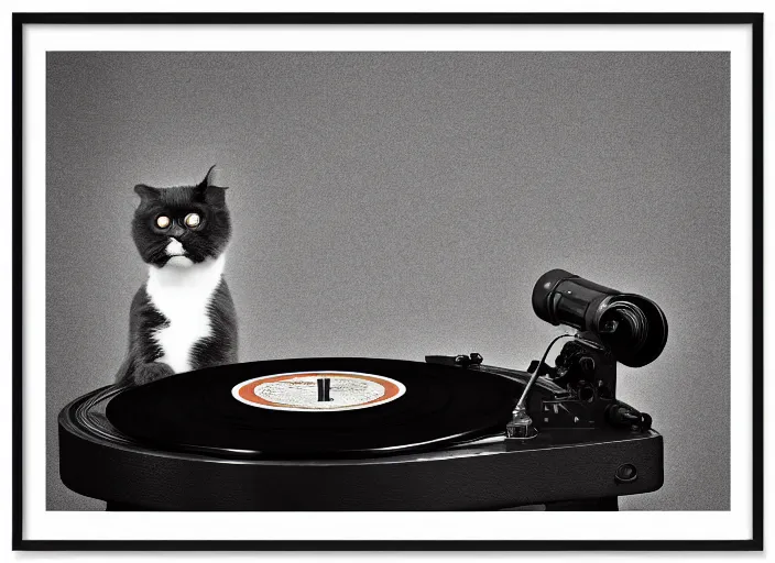 Image similar to photography of a Cat sitting on a record player. in a room full of posters, photorealistic, raining award winning photo, 100mm, sharp, high res