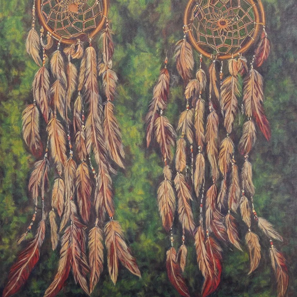 Prompt: dreamcatcher, native american art, peaceful, forest, countryside, realistic, oil painting,