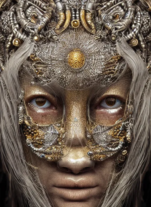Image similar to hyperrealism, detailed textures, photorealistic symetrical japanese medusa queen portrait, silverplate, intricate, detailed facial animal mask, golden jewelery, silverplate, ultra realistic, cinematic, intricate, cinematic light by steve mccurry, unreal engine 8 k