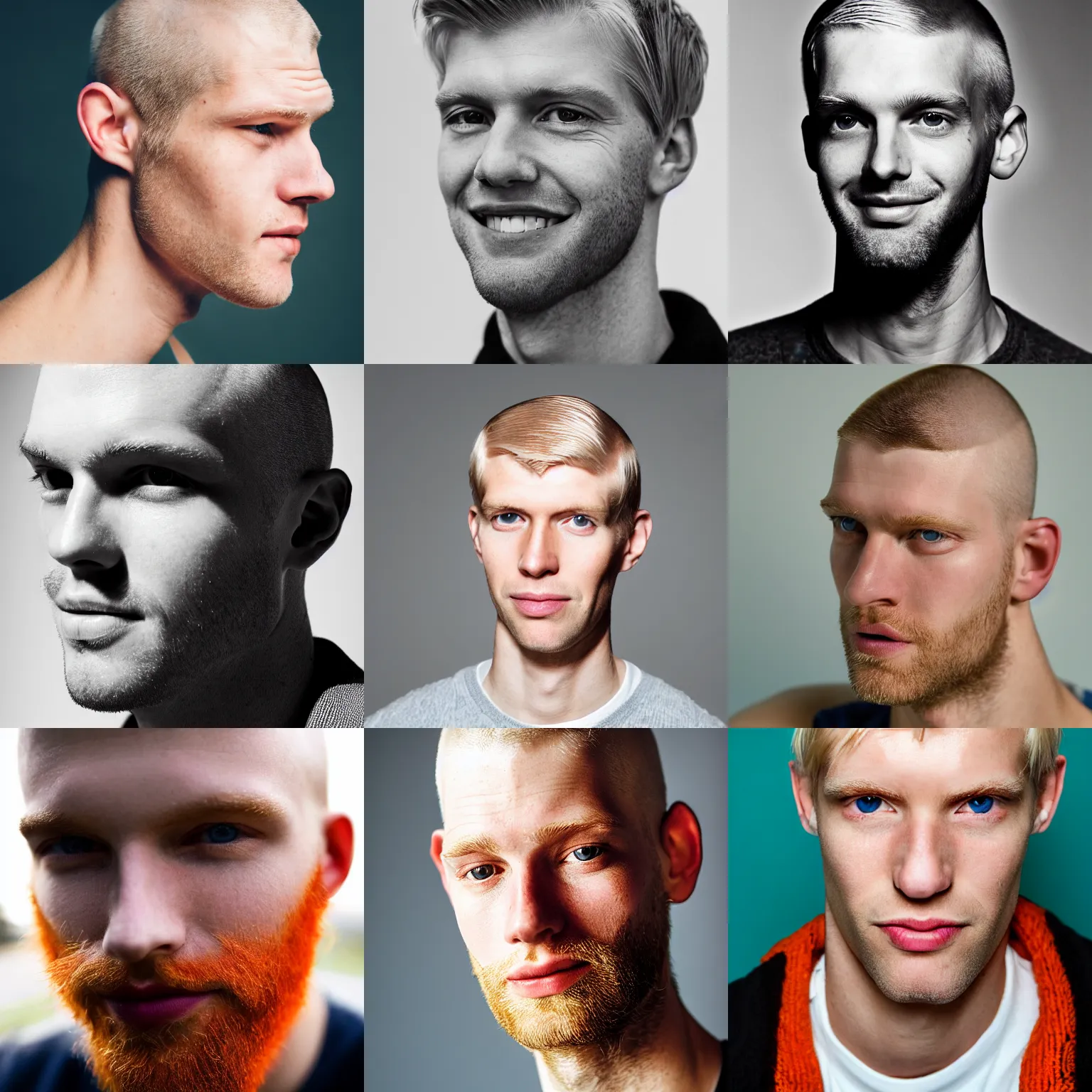 Prompt: close-up portrait of a tall thin blond man late-twenties with a square face and shaved head and squinty eyes and an orange beard and rosy cheeks.