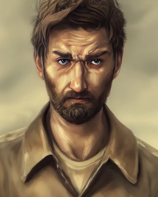 Image similar to portrait of muscular, tired and alcoholic 3 0 - year - old grieving man with short darkblonde hair, serious sad look in his eyes, looking down, dirty beard, blue eyes, crying tears, wearing dirty soldier uniform, on the desert, sad atmosphere, hyper realistic face, character art, art by artgerm, cryengine, trending on artstation, digital art