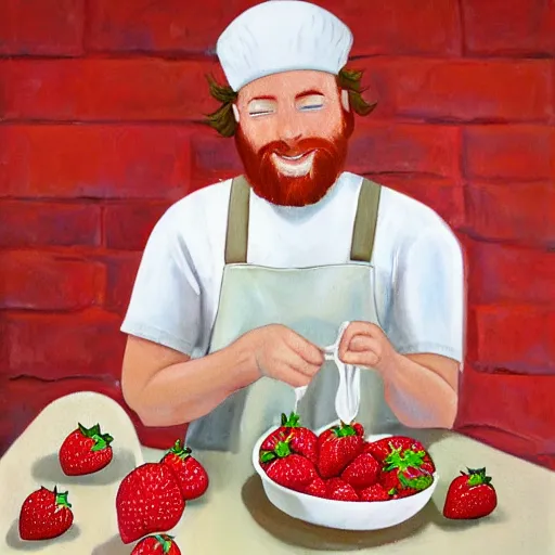 Image similar to painting of redhead bearded boyfriend making strawberry shortcake topped with whipped cream