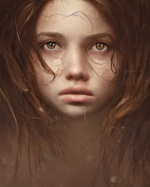 Image similar to portrait of 1 5 - year - old girl with thick brown hair, large front teeth, and bright piercing brown eyes, hyper realistic face, beautiful eyes, fantasy art, in the style of greg rutkowski, intricate, hyper detailed, smooth