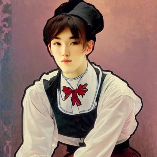 Image similar to full body painting of grumpy handsome thin beautiful young man in his 2 0 s named min - jun in a french female maid outfit, modern clothing, elegant, clear, painting, stylized, delicate facial features, stylized thin lines, soft but grumpy, highly detailed, art, art by alphonse mucha