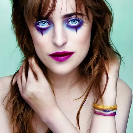 Image similar to beautiful dakota johnson with joker makeup, highly detailed, realistic face, detailed face, amazing digital art