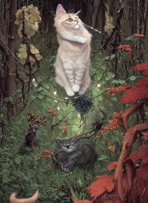 Image similar to a hyper realistic cat witch in the woods gorgeous lighting, k _ lms lush forest foliage painting by chiara bautista and beksinski and norman rockwell and greg rutkowski weta studio, and lucasfilm