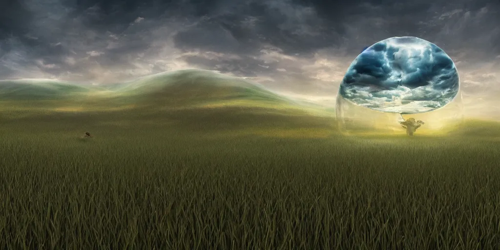 Prompt: grasslands are slurped up into mysterious sky bubbles with surreal worlds visibly reflected, ambient occlusion 3 d render, by anato finnstark and lisa frank, 8 k, extreme detail, sharp focus, octane render