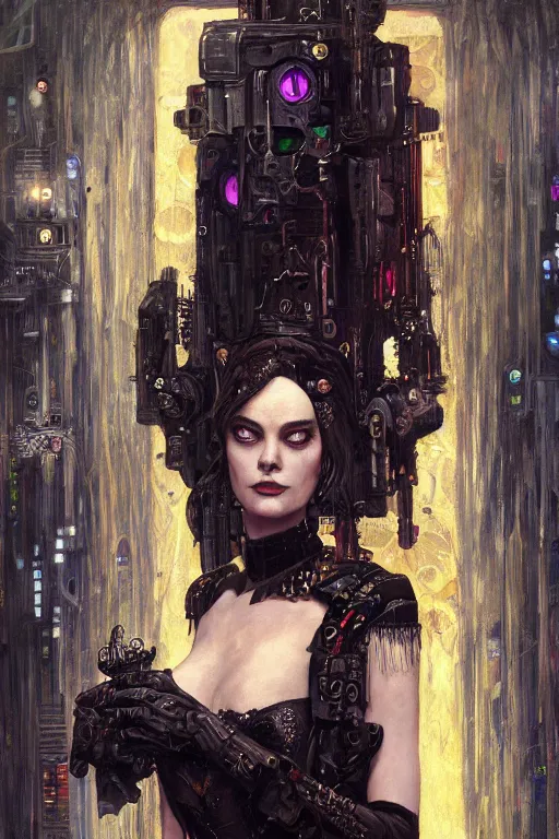 Image similar to portrait of beautiful gothic Margo Robbie, cyberpunk, Warhammer, highly detailed, artstation, illustration, art by Gustav Klimt