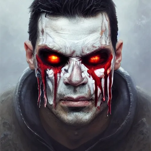 Image similar to scary portrait of frank castle the punisher, bleeding nose, face paint, intricate, elegant, highly detailed, centered, grungy, digital painting, artstation, concept art, smooth, sharp focus, illustration, artgerm, tomasz alen kopera, peter mohrbacher