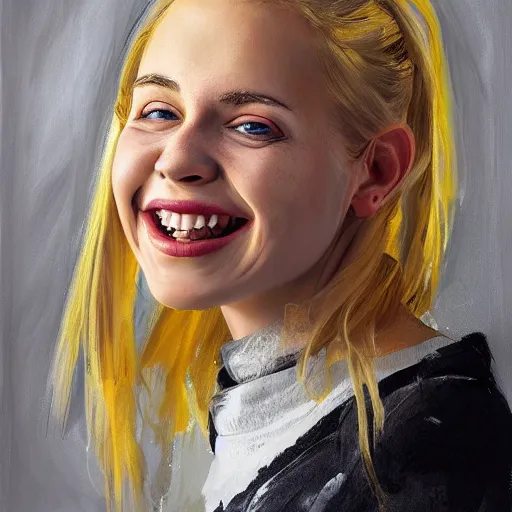 Image similar to portrait painting of woman from scandinavia, 2 0, years old, blonde hair, daz, occlusion, smiling and looking directly, brushstrokes, white background, art by enki bilal