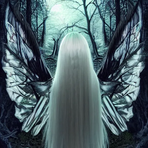 Image similar to ultrarealistic horrific, beautiful banshee with brightly shining wings and long white hair imprisoned in a very dark nearly lightless, sombre, horrific forest