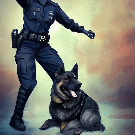 Image similar to police officer riding a giant German shepherd in the city, trending on artstation