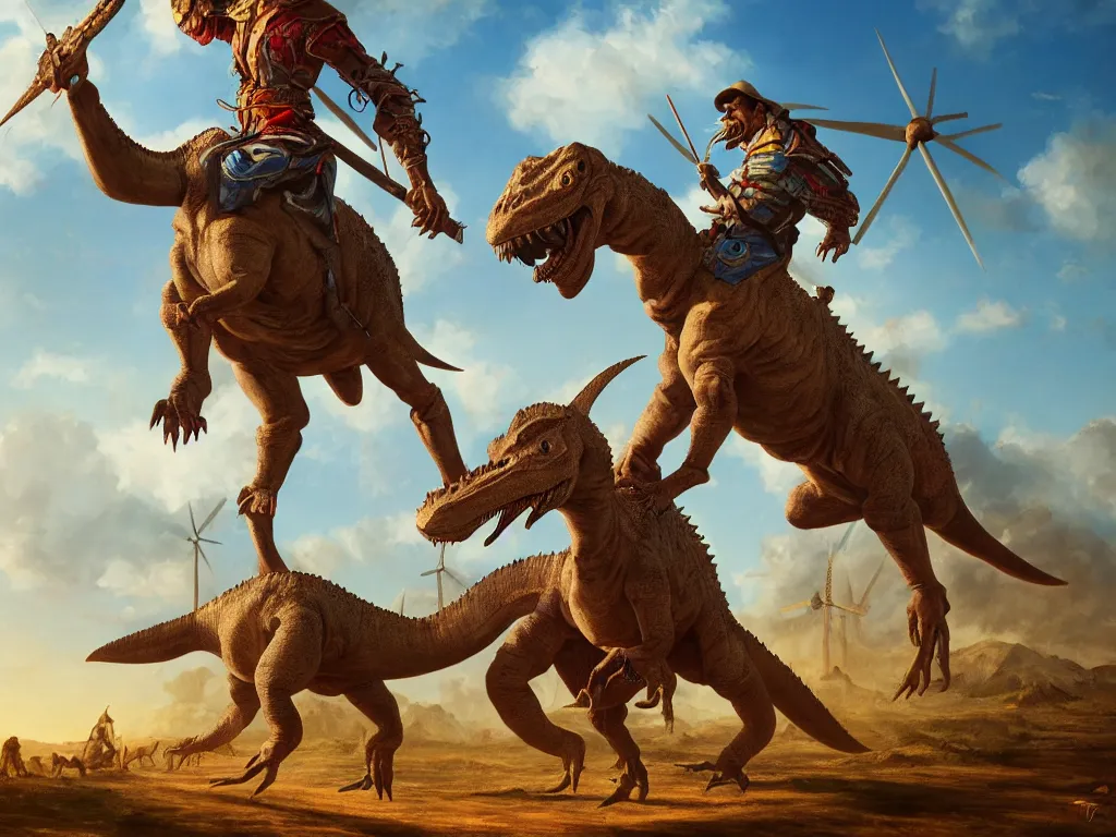 Image similar to portrait of a don quixote riding a dinosaur attacks a windmill, digital art, highly detailed, stunning scene, 4 k, realism, bright colors, trending on artstation