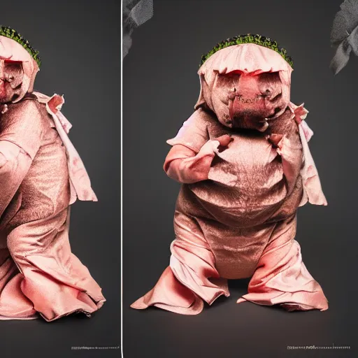 Image similar to tardigrade dressed as a princess, studio photography, black background, 4 k