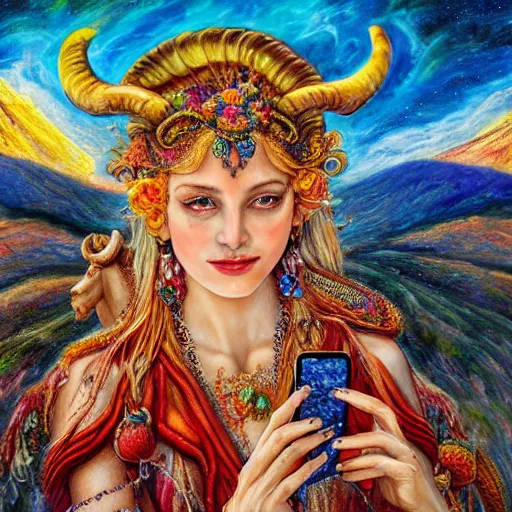 Prompt: painting by josephine wall, goddess with horns of a ram, checking her cell phone, erupting volcano in distance, sunset, flowers in foreground, zodiac, fantasy, acrylic on canvas, intricately detailed, highly detailed, high resolution, hdr, 8 k, by senior concept artist, trending on artstation