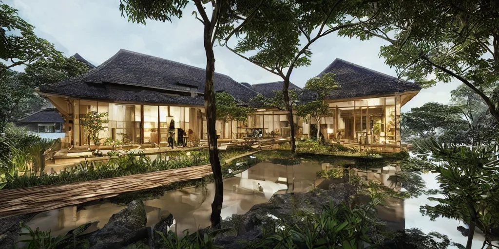 Image similar to 3d rendering of beautiful nature meets architecture concept of a residential house. balinese architecture by Kengo Kuma, volumetric lighting, luxury, high detail, 14mm, cinematic photography, cg architects, high resolution